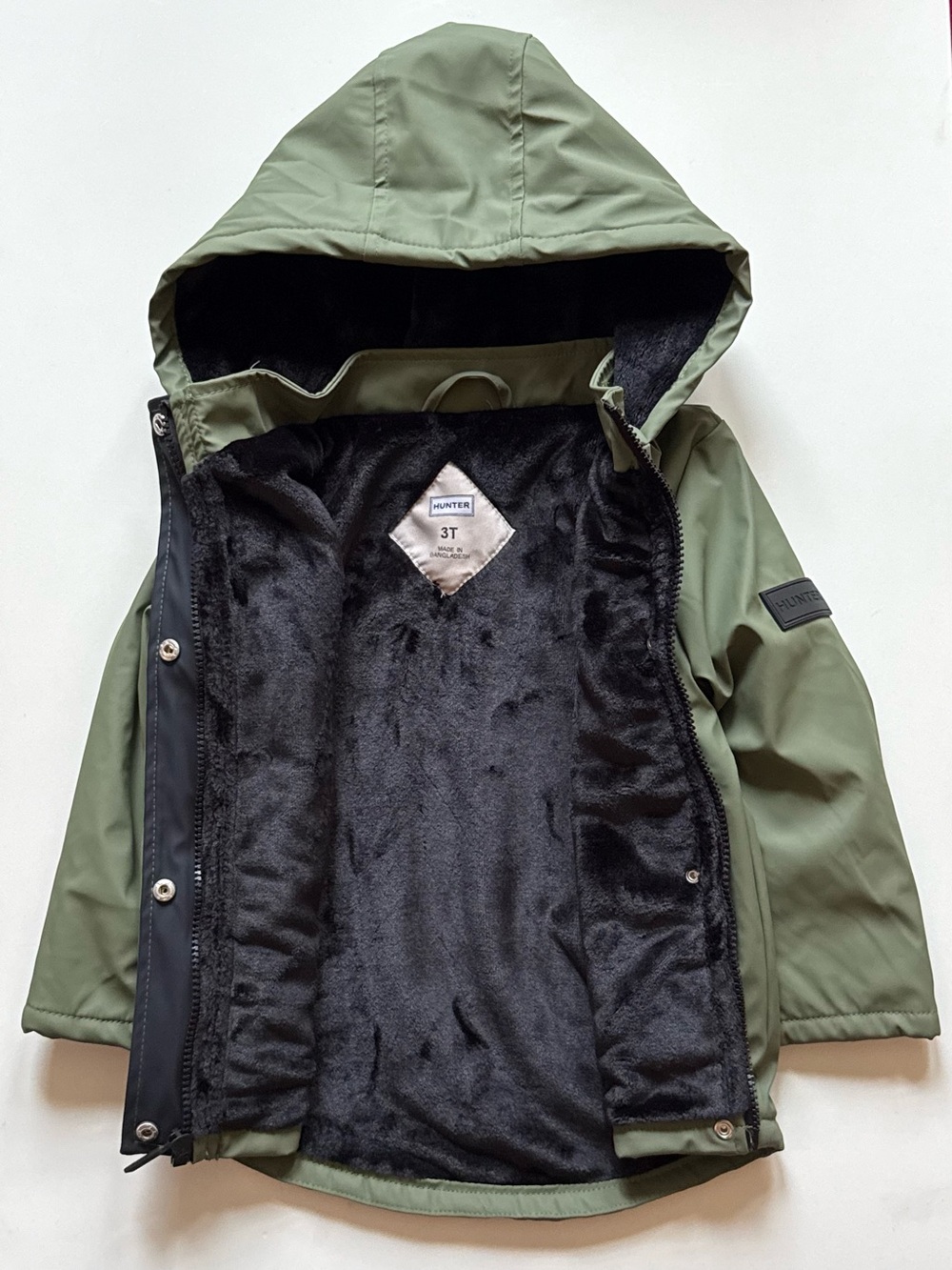 Hunter Boys Plush Lined Olive Hooded Rain Jacket - Size 3T - Picture 13 of 16